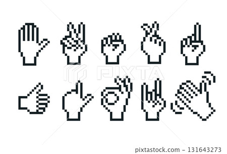 Hand gesture emoji emoticon pixel art vector set, black outline thumb up, ok, fist hand symbol 8 bit fingers language 131643273