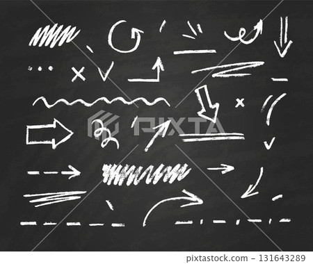 Chalk arrow, dashed line, underlined, squiggles white outline vector set, crayon sketch shapes, chalk board kids drawing Chalk arrow, dashed line, underlined, squiggles white outline vector set, crayon sketch shapes, chalk board kids drawing 131643289