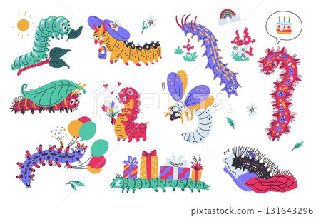 Cartoon caterpillar vector set, cute worm insect with gifts boxes, balloons, flowers doodle drawn larva different colors Cartoon caterpillar vector set, cute worm insect with gifts boxes, balloons, flowers doodle drawn larva different colors 131643296