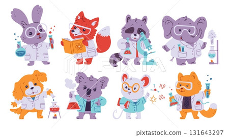 Vector image of scientists of animals with a chemical substance in a test tube 131643297