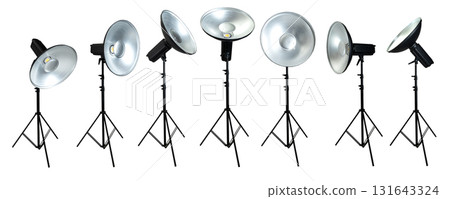 Collection set of professional studio lighting equipment isolated over a white background Collection set of professional studio lighting equipment isolated over a white background 131643324