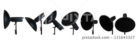 Collection set of professional studio lighting equipment isolated over a white background Collection set of professional studio lighting equipment isolated over a white background 131643327