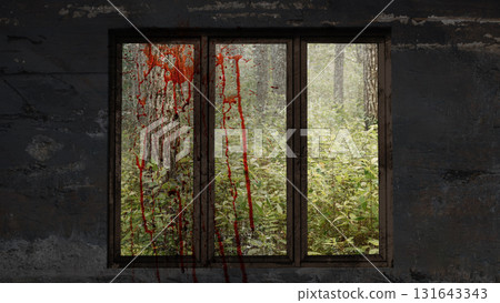 Old wooden window on the grungy wall with outdoor view and splatters of blood drops, blood splashes, or blood spots. Mockup or Copy space. Halloween wallpaper or background 131643343