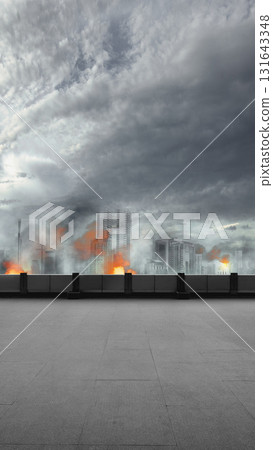 Cityscape on fire and in ruins. Damaged buildings, smoke, and fire against a dark sky. The dramatic apocalyptic scene is scary and frightening. Mockup. Copy Space. Wallpaper or Halloween background 131643348
