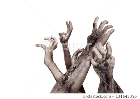 The zombies hand with wounds and blood try to reach something isolated over a white background. Zombie, devil, evil, satan, or monster hand. Concept of Halloween or Horror 131643350