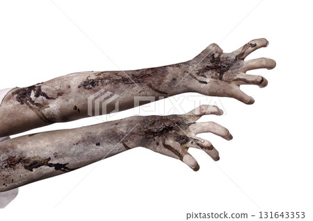 The zombies hand with wounds and blood try to reach something isolated over a white background. Zombie, devil, evil, satan, or monster hand. Concept of Halloween or Horror The zombies hand with wounds and blood try to reach something isolated over a white background. Zombie, devil, evil, satan, or monster hand. Concept of Halloween or Horror 131643353