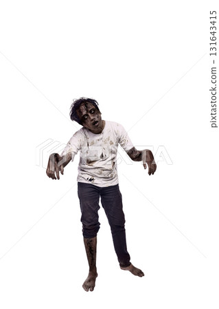 Portrait of an Indonesian southeast asian scary male zombie with a wound and blood on the body isolated over a white background. Spooky expression. Concept of Halloween or Horror Portrait of an Indonesian southeast asian scary male zombie with a wound and blood on the body isolated over a white background. Spooky expression. Concept of Halloween or Horror 131643415