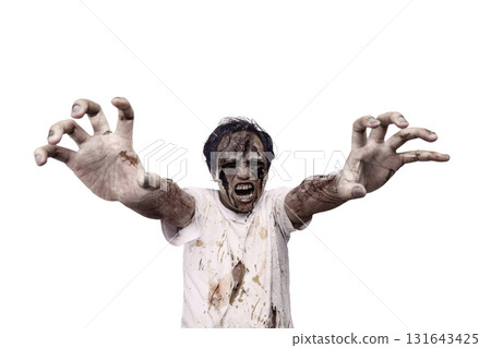 Portrait of an Indonesian southeast asian scary male zombie with a wound and blood on the body isolated over a white background. Spooky expression. Concept of Halloween or Horror 131643425