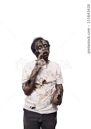 Portrait of an Indonesian southeast asian scary male zombie with a wound and blood on the body isolated over a white background. Spooky expression. Concept of Halloween or Horror Portrait of an Indonesian southeast asian scary male zombie with a wound and blood on the body isolated over a white background. Spooky expression. Concept of Halloween or Horror 131643426