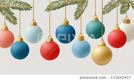 Colorful Christmas ornaments hang from pine branches 131643457