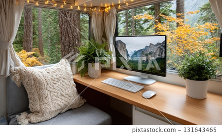Cozy van interior workstation with a view of autumn forest 131643465