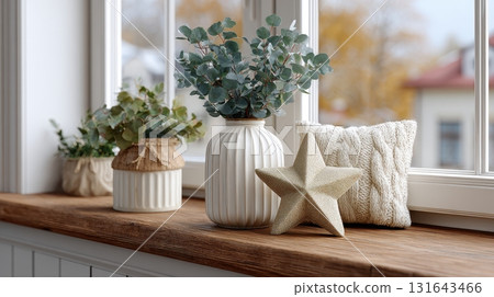 Cozy winter decor with wooden accents and natural elements 131643466