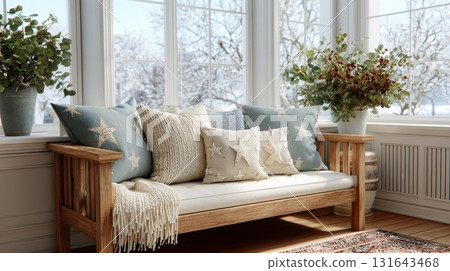 Cozy winter scene with wooden furniture and floral accents 131643468