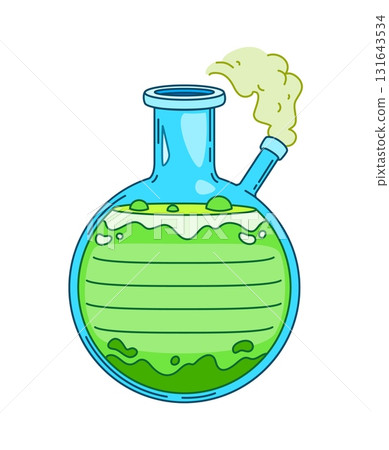 Lab flask kids memo note template. Glass container kids diary sticker, planner list vector memo note. Scrapbook frame or schedule label with green liquid boiling in science laboratory flask bottle 131643534