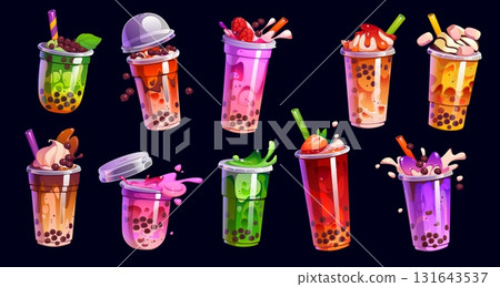 Cartoon milk bubble tea glasses with drink splash. Vector set of flavors like white chocolate, yummy banana, raspberry and condensed milk. Chocomix, sweet candy, green, cream, grapes or salted caramel 131643537