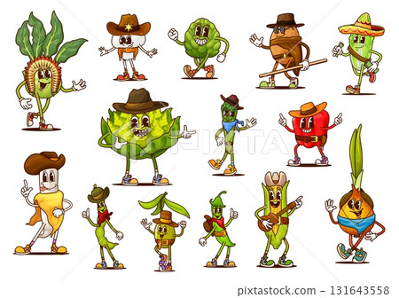 Cartoon groovy cowboy, sheriff and bandit vegetable characters. Funny vegs healthy food Wild West personages dressed in Western hats and boots, showing playful gestures, Vector set of veggies ranchers 131643558