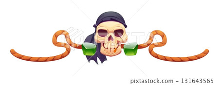 Cartoon pirate divider featuring a grinning skull in a black bandana, flanked by curved orange ropes and large green gemstones, bold and adventurous marine corsair border frame, piracy decoration 131643565