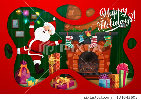 Merry Christmas paper cut banner with Santa Claus near gifts and fireplace socks, vector greeting card. Happy Holidays paper cut banner with funny Santa hanging on Christmas tree lights at fireplace 131643605