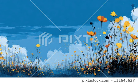 Vibrant Meadow with Yellow Flowers and Blue Sky Background Vibrant Meadow with Yellow Flowers and Blue Sky Background 131643627