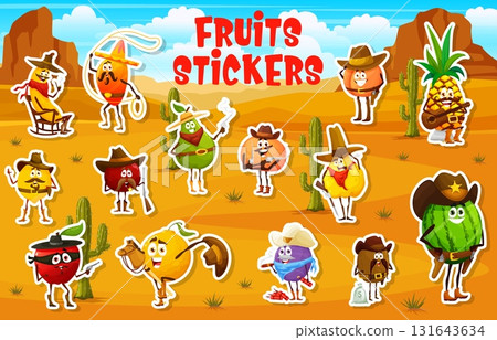Cartoon cowboy and bandit fruit characters stickers pack. Vector western apple, banana, pear, pineapple, lemon and orange. Plum, peach, watermelon with hats, guns, boots, lassos, in a desert landscape Cartoon cowboy and bandit fruit characters stickers pack. Vector western apple, banana, pear, pineapple, lemon and orange. Plum, peach, watermelon with hats, guns, boots, lassos, in a desert landscape 131643634