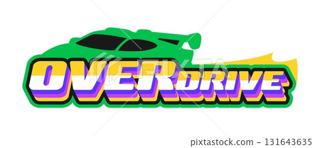 Motorsport drag race overdrive retro Y2K sticker or tag. Speed racing grand prix vintage vector sticker, formula 1 competition tag. Motorsport championship patch with racing car and typography 131643635