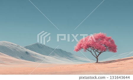Vibrant Pink Tree on a Hill Against a Clear Blue Sky Landscape 131643644