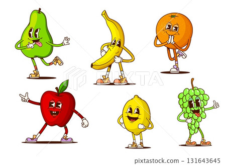 Groovy fruit characters. Playful cartoon pear, banana, orange, apple, lemon, and grapes vintage comic y2k personages, each striking fun poses with retro hippie sneakers and cheerful face expressions Groovy fruit characters. Playful cartoon pear, banana, orange, apple, lemon, and grapes vintage comic y2k personages, each striking fun poses with retro hippie sneakers and cheerful face expressions 131643645