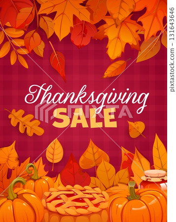 Thanksgiving sale poster with big orange pumpkins, pie with lattice crust and honey jar, maple, oak and birch autumn fall leaves vector borders. Thanksgiving autumn holiday seasonal sales offer banner 131643646