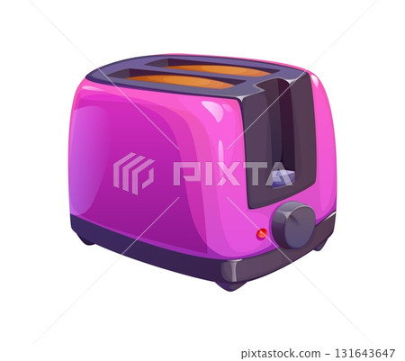 Bright pink cartoon toaster, kitchen utensil with black details, two slots for bread and a round control knob. Isolated vector household electronic appliance for cooking food and breakfast preparation 131643647