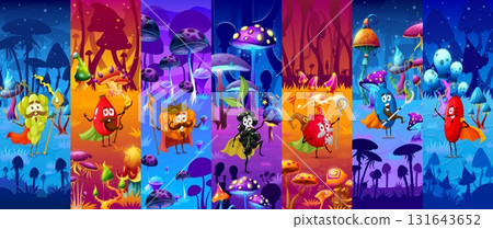 Halloween wizards sorcerers and mages of grape, pumpkin, cranberry and blueberry, vector characters. Cartoon giant mushrooms in mystical fairy forest with berry wizards for Halloween horror holiday 131643652
