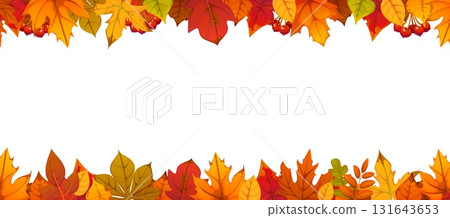 Autumn fall leaves border frame with orange, red, yellow and green seasonal foliage and berries, vector background. Autumn festive seasonal decoration of fall foliage with oak, maple and rowan berries Autumn fall leaves border frame with orange, red, yellow and green seasonal foliage and berries, vector background. Autumn festive seasonal decoration of fall foliage with oak, maple and rowan berries 131643653