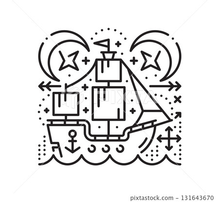 Pirate caravel sailing ship esoteric line symbol. Filibuster marine sacred outline vector print, buccaneer nautical tarot thin line symbol. Pirate esoteric sign with ancient sailing ship or vessel Pirate caravel sailing ship esoteric line symbol. Filibuster marine sacred outline vector print, buccaneer nautical tarot thin line symbol. Pirate esoteric sign with ancient sailing ship or vessel 131643670