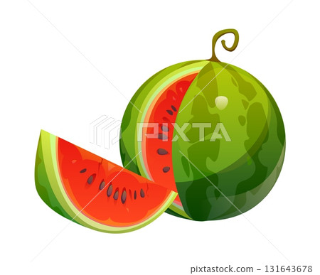 Cartoon ripe raw whole watermelon and a juicy slice, showing bright red flesh with black seeds and a glossy green rind. Isolated vector healthy summer food, refreshing dessert, garden plant and piece Cartoon ripe raw whole watermelon and a juicy slice, showing bright red flesh with black seeds and a glossy green rind. Isolated vector healthy summer food, refreshing dessert, garden plant and piece 131643678