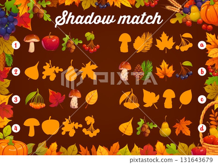 Happy Thanksgiving day shadow match game worksheet with fall leaves, fruits, mushrooms, and nuts. Cartoon vector festive riddle for kids education or seasonal activity with forest harvest and plants Happy Thanksgiving day shadow match game worksheet with fall leaves, fruits, mushrooms, and nuts. Cartoon vector festive riddle for kids education or seasonal activity with forest harvest and plants 131643679