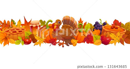 Thanksgiving harvest festive border frame with funny turkey, pumpkin pie and apples, vector banner. Thanksgiving Day harvest grapes with honey jar and autumn fall leaves frame with turkey character Thanksgiving harvest festive border frame with funny turkey, pumpkin pie and apples, vector banner. Thanksgiving Day harvest grapes with honey jar and autumn fall leaves frame with turkey character 131643685