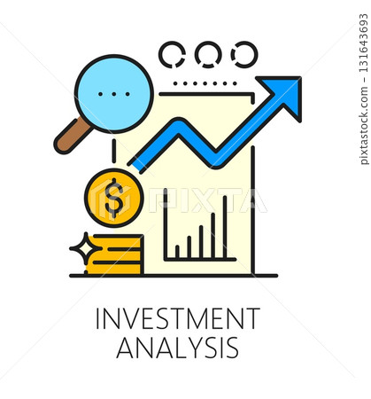 Investment analysis, business color line icon or sign. Investment revenue analysis vector icon or pictogram. Business company income growth symbol with statistic infographics, coins, magnifying glass 131643693