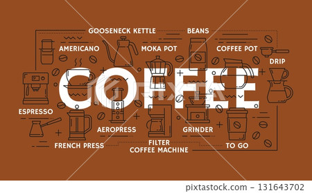 Coffee drink line icons. Vector warm brown background with linear signs of brewing equipment, cups, beans, and accessories, labeled with names like espresso, French press, moka pot, grinder, and drip 131643702