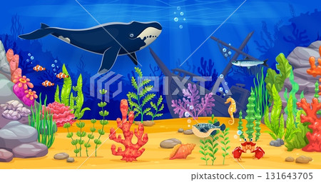Game background with wooden sunken ship, whale and sea animals. Cartoon vector ocean floor underwater landscape thrives with fishes, coral, rocks and plant life, shipwreck boat stuck in sandy bottom 131643705