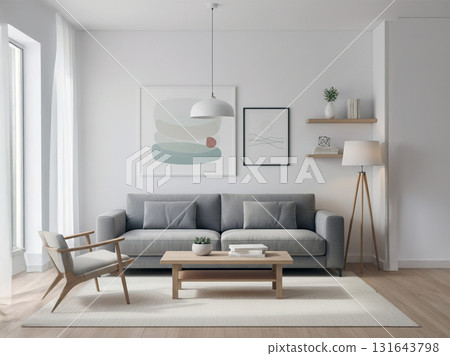 Modern Minimalist Living Room Interior Design with Cozy Sofa and Natural Light 131643798