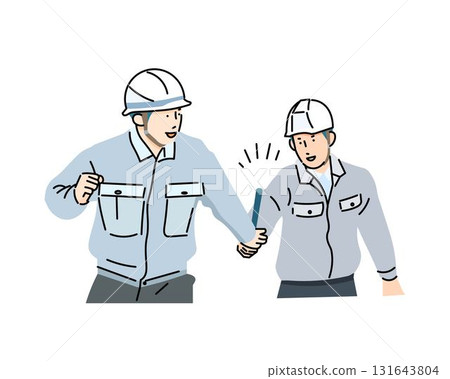 A man wearing work clothes handing over the baton to the next generation of young people - Company - Industrial, warehouse, transportation - Business illustration material 131643804