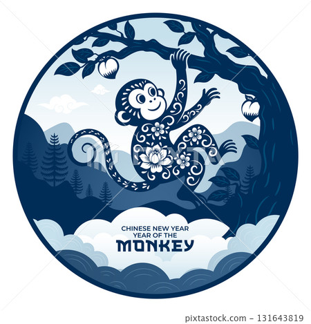 Year of the monkey 2028 symbol, with Papercut style monkey hanging on apple trees. Translation : Monkey Year of the monkey 2028 symbol, with Papercut style monkey hanging on apple trees. Translation : Monkey 131643819