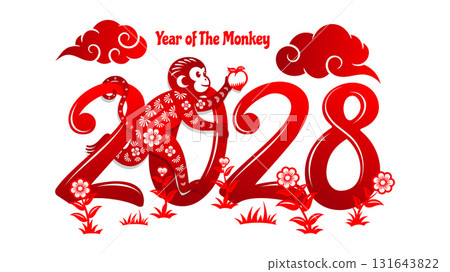 Chinese New Year 2028 number design, monkey walking among the numbers. Chinese New Year 2028 number design, monkey walking among the numbers. 131643822