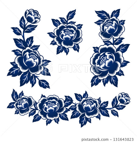Blue White Peony Floral Vector Set with Chinese Style Decorative Elements Blue White Peony Floral Vector Set with Chinese Style Decorative Elements 131643823
