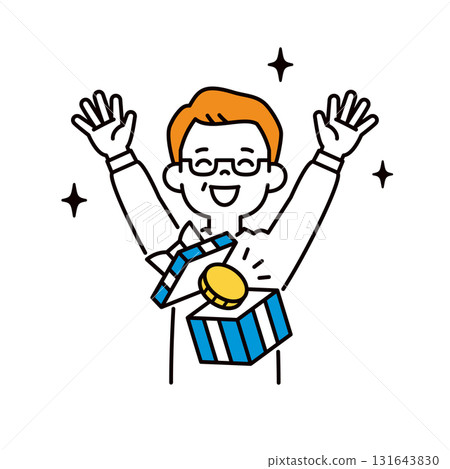 一個簡單的上身向量插圖，描繪了一位老人高興地贏得積分 — — 硬幣 131643830