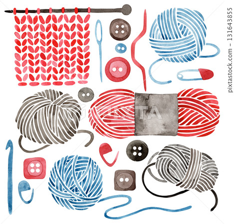 A watercolor illustration depicting crochet and knitting. A set of balls of yarn and knitting accessories. A watercolor illustration depicting crochet and knitting. A set of balls of yarn and knitting accessories. 131643855