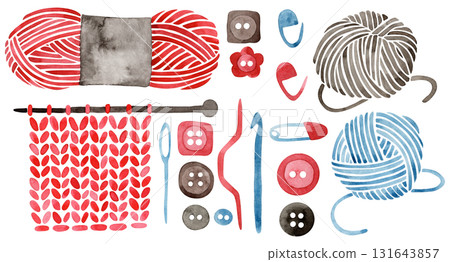 A watercolor illustration depicting crochet and knitting. A set of balls of yarn and knitting accessories. A watercolor illustration depicting crochet and knitting. A set of balls of yarn and knitting accessories. 131643857