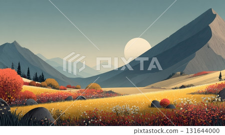 Serene Landscape with Colorful Fields and Majestic Mountains 131644000