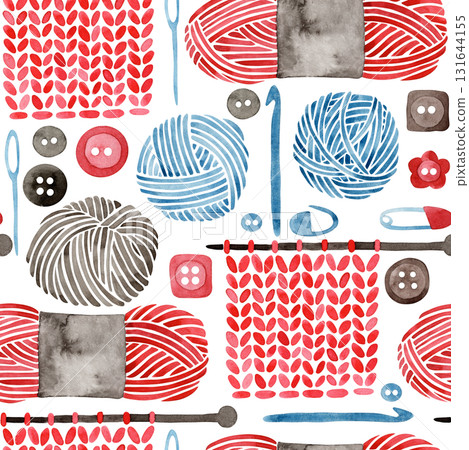 Seamless pattern with knitting and crochet tools. Yarn skeins. Watercolor illustration. 131644155