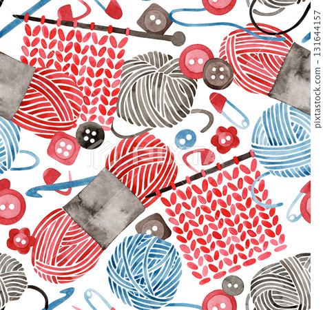 Seamless pattern with knitting and crochet tools. Yarn skeins. Watercolor illustration. Seamless pattern with knitting and crochet tools. Yarn skeins. Watercolor illustration. 131644157