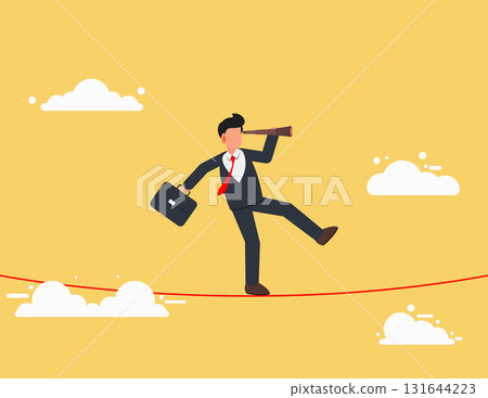 Look for opportunities to manage risk. businessman see through telescope while walking on risky rope. 131644223